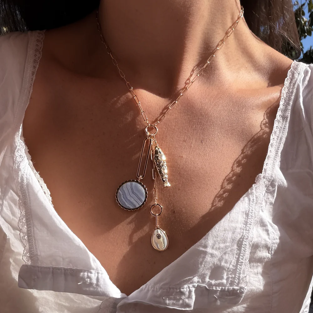 Antibes Blue Lace and Mother Of Pearl Lariat Necklace - Image 3