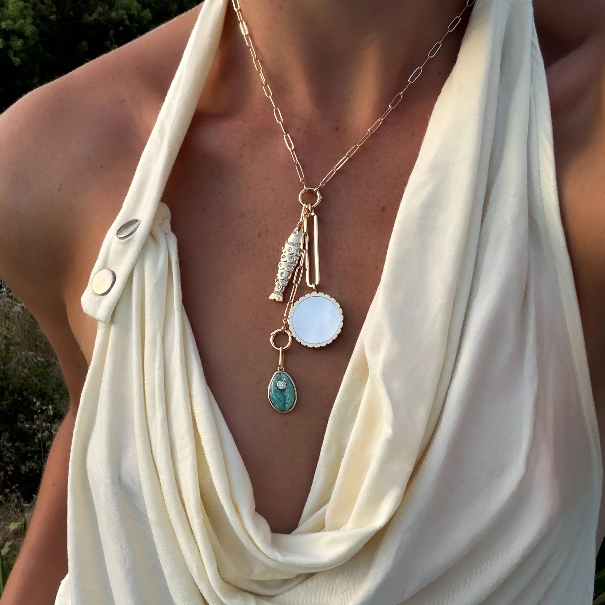 Antibes Mother Of Pearl and Amazonite Lariat Necklace - Image 2