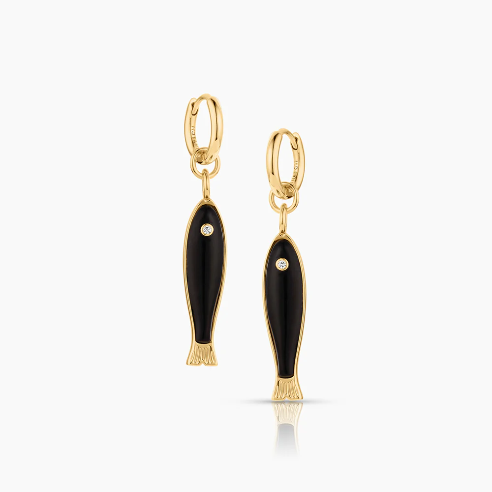 Fortuna Onyx Fish Hoop Earrings